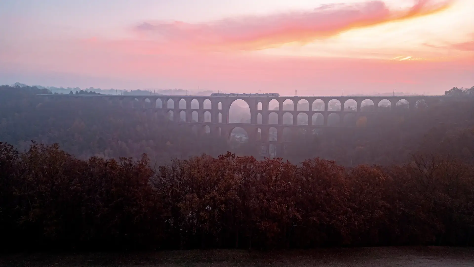 Göltzschtalbrücke in de schemer